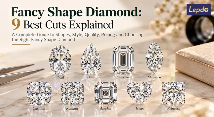 Fancy shape diamond comparison featuring nine diamond cuts oval, pear, emerald, marquise, cushion, radiant, Asscher, heart, and princess.