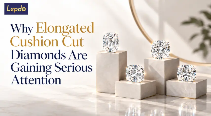 Four sparkling elongated cushion cut diamonds displayed on staggered ivory marble pedestals with a luxurious gold and navy theme