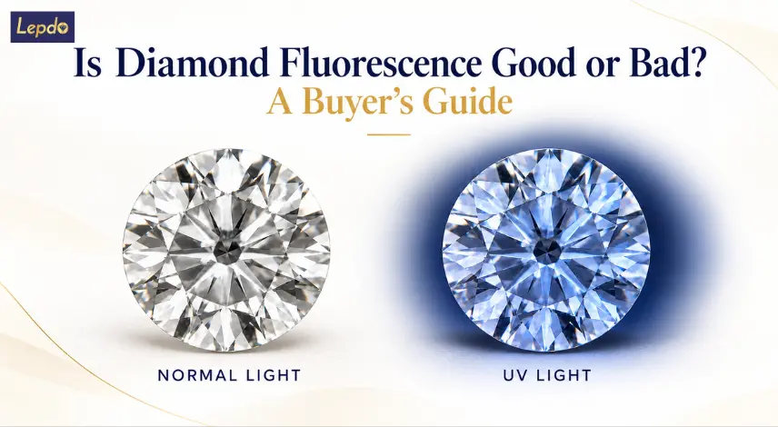 Illustration of the same round brilliant diamond under normal lighting and UV light with blue fluorescence