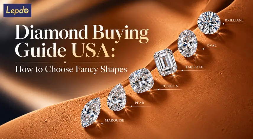 diamond buying guide USA banner featuring brilliant, oval, emerald, cushion, pear, and marquise diamond shapes