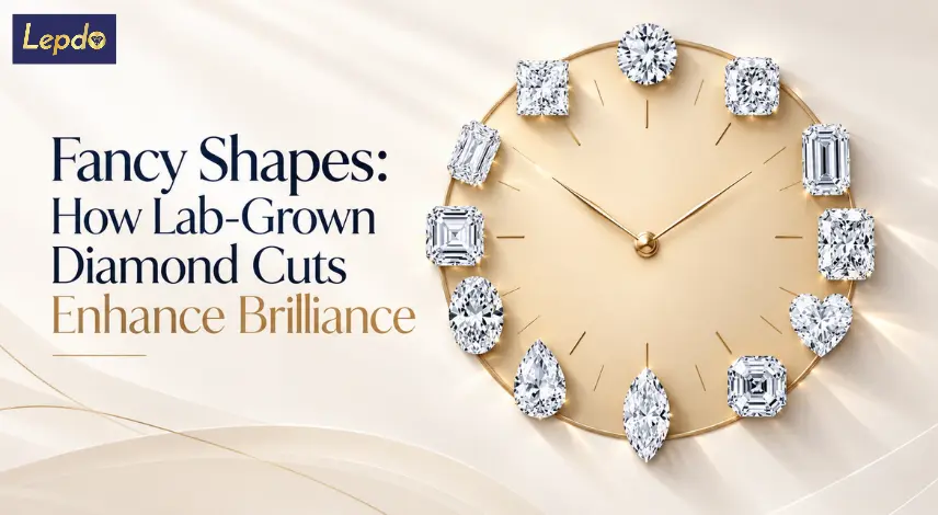 Fancy shapes of lab-grown diamonds arranged around an elegant golden clock, featuring oval, princess, cushion, emerald, radiant, pear, marquise, Asscher, and heart cuts