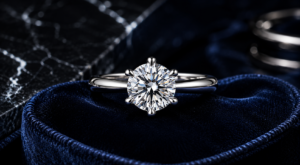 Tiffany Setting Guide featuring a six-prong solitaire diamond ring on deep navy velvet.