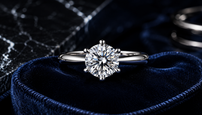 Tiffany Setting Guide featuring a six-prong solitaire diamond ring on deep navy velvet.