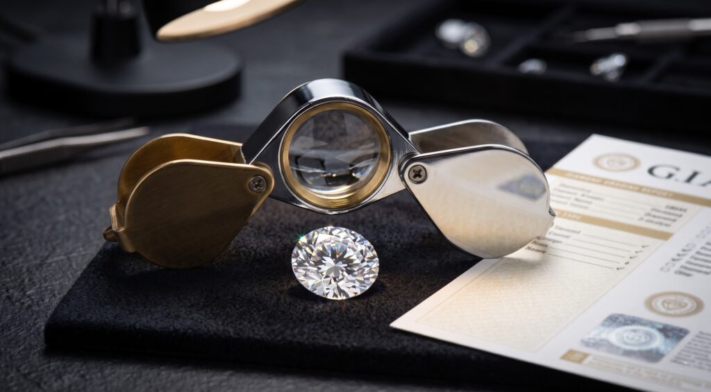 Diamond inspection setup with jeweler loupe and report