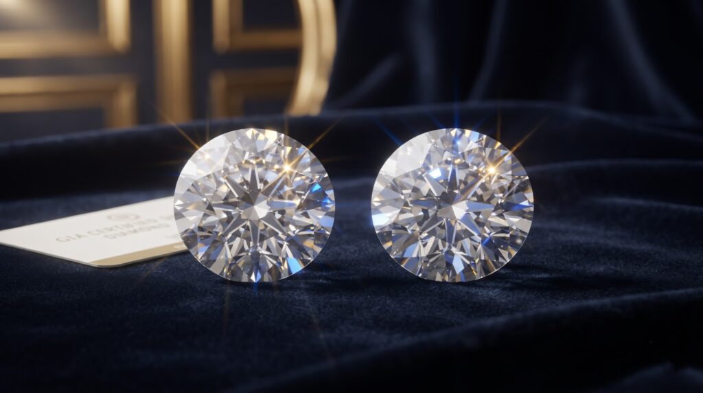 Side by side comparison of lab grown diamond and natural diamond quality
