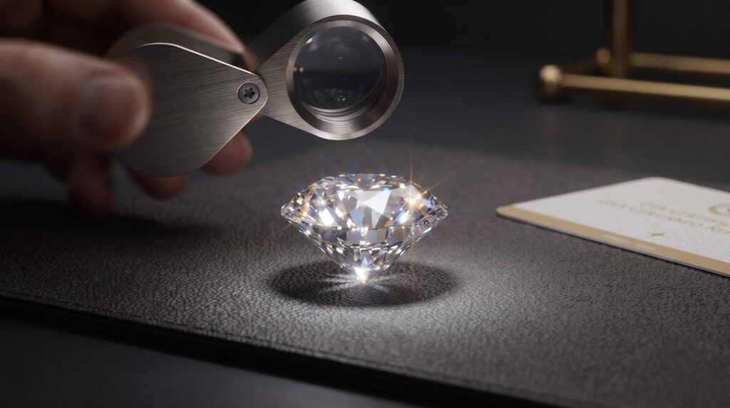 Gemologist examining a certified lab grown diamond under a loupe