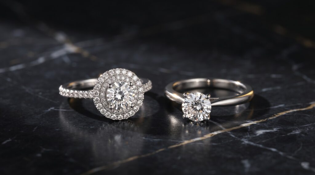 Micro pave diamond ring compared side by side with solitaire diamond ring