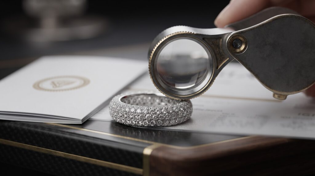Jeweler examining micro pave lab grown diamond jewelry with certification report