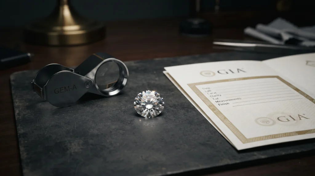 Certified round diamond with GIA report and loupe for Tiffany Setting Guide.