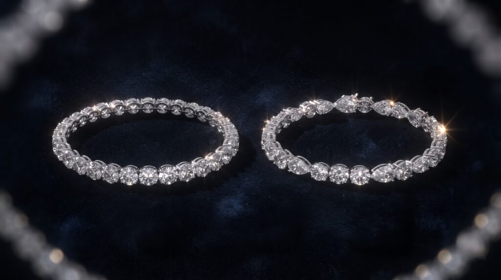 Mixed diamond shape tennis bracelet compared to a classic single shape bracelet
