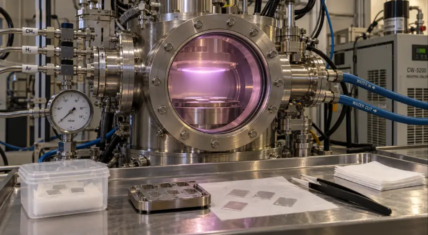 CVD diamond seed plates growing inside a real microwave plasma CVD reactor