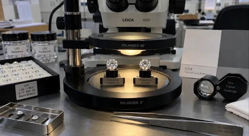 CVD diamonds inspected for transparency and strain under crossed polarizing filters