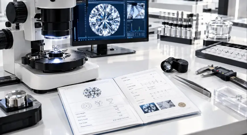 Certified diamond quality inspection and grading report analysis