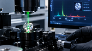 Laboratory testing demonstrating CVD Diamond Spectroscopy & Crystal Physics on a faceted stone.