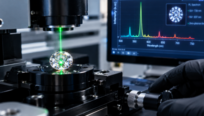 Laboratory testing demonstrating CVD Diamond Spectroscopy & Crystal Physics on a faceted stone.