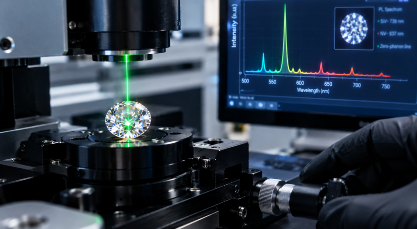 Laboratory testing demonstrating CVD Diamond Spectroscopy & Crystal Physics on a faceted stone. Laboratory testing demonstrating CVD Diamond Spectroscopy & Crystal Physics on a faceted stone.