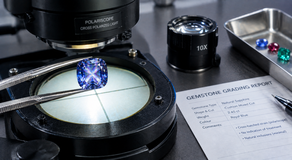 Gemologist inspecting a cushion-cut blue gemstone under cross-polarized light using a laboratory polariscope beside a grading report.