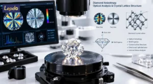 Diamond anisotropy analysis showing crystal structure and optical behavior in a polished diamond