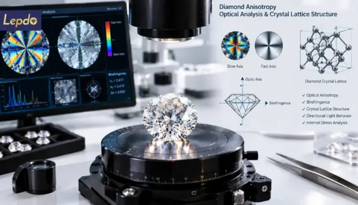 Diamond anisotropy analysis showing crystal structure and optical behavior in a polished diamond