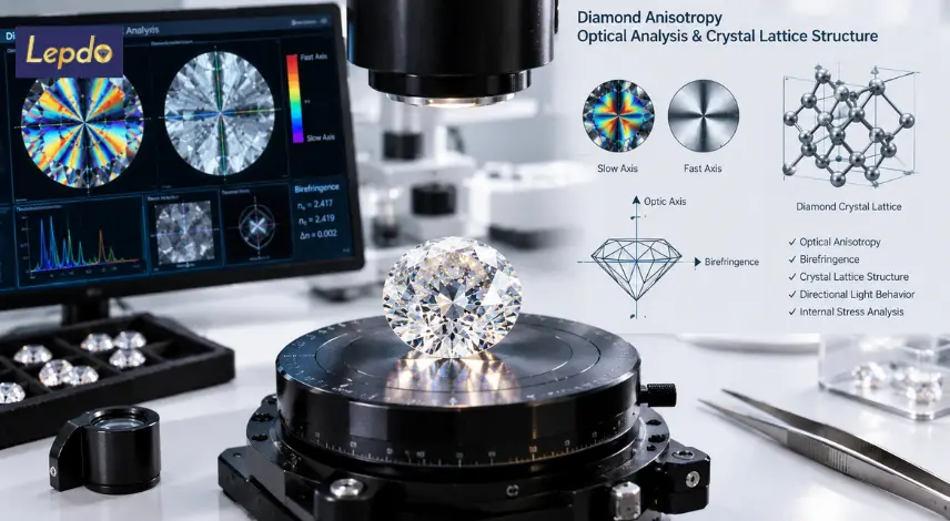 Diamond anisotropy analysis showing crystal structure and optical behavior in a polished diamond
