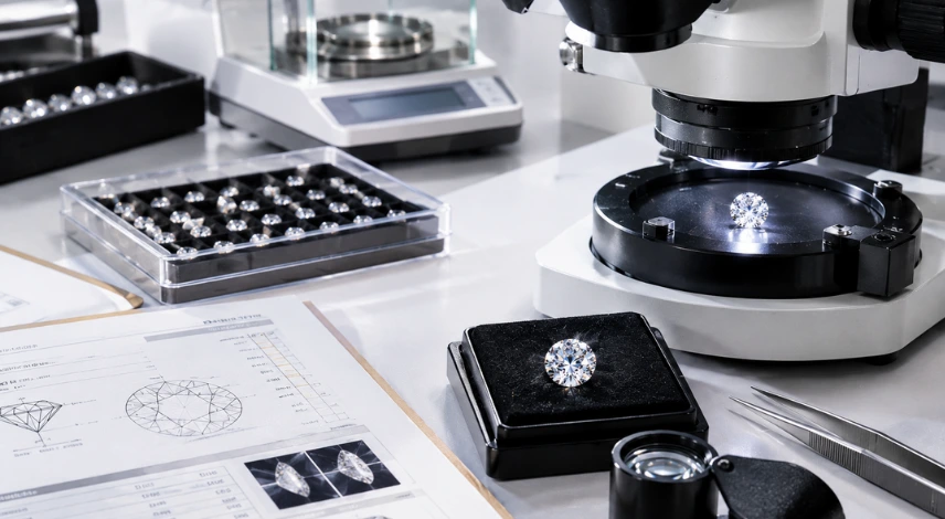 Gemological diamond inspection with certification report and quality evaluation tools
