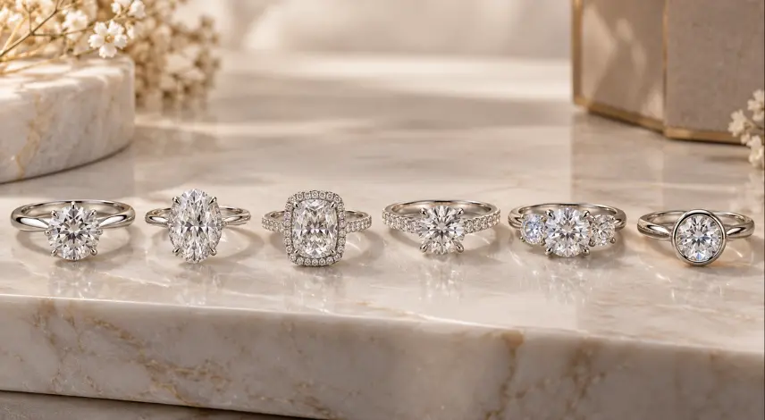 lab grown diamond engagement ring styles including solitaire, halo, pavé, three-stone and bezel