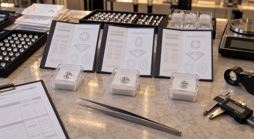 Diamond grading report reconciliation and stone matching during manufacturer quality control