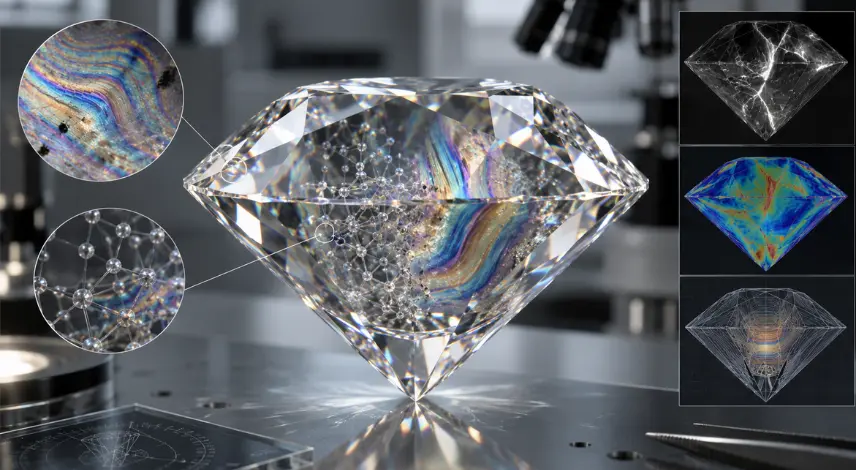 Internal stress formation and crystal structure of diamond strain patterns
