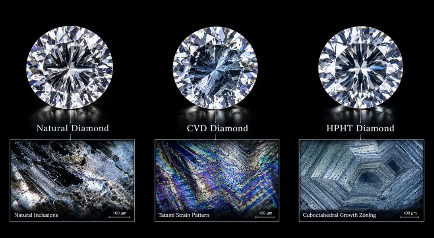 Natural, CVD, and HPHT diamonds compared through microscopic views of inclusions, tatami strain patterns, and growth zoning.