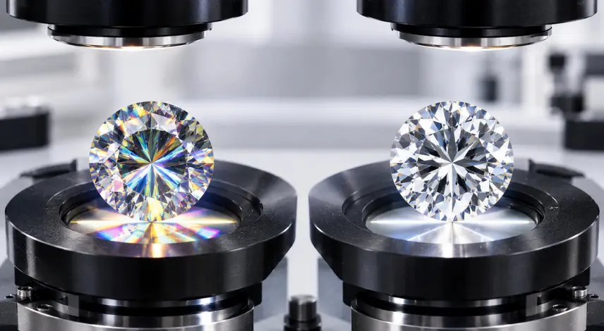 Polished lab-grown diamonds undergoing CVD and HPHT quality inspection with precision gemological equipment.