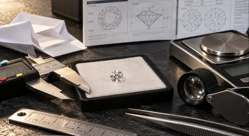 One diamond being checked against three independent physical references: report, measurements, and weight.