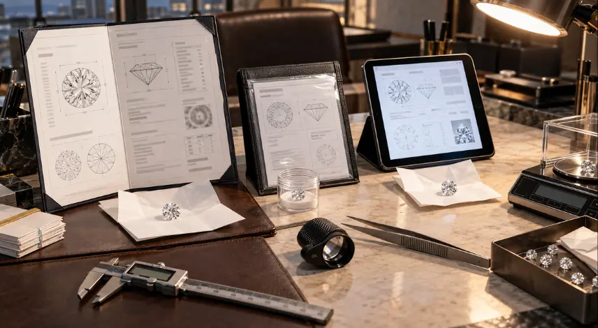 Realistic procurement document-control station showing multiple report formats without fabricating any laboratory documents.
