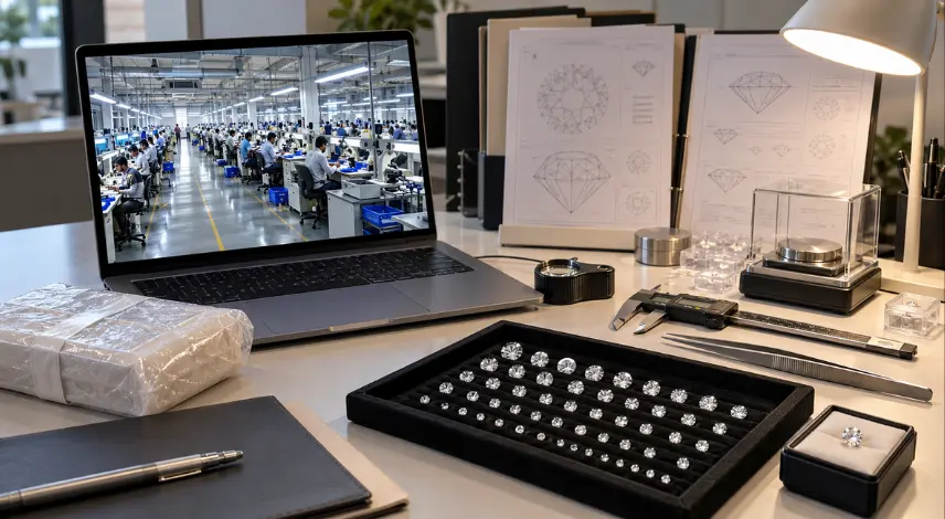Remote Indian diamond manufacturer audit using live factory view, sample diamonds, and quality-control tools