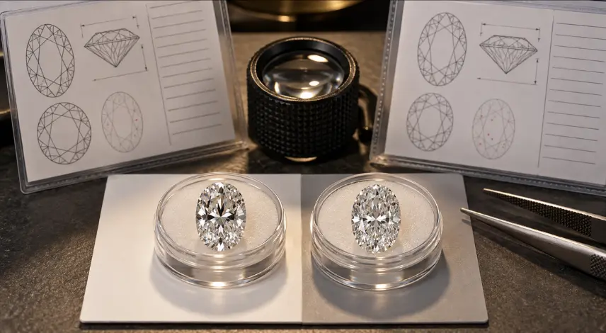 Two similarly documented diamonds showing visibly different face-up character.