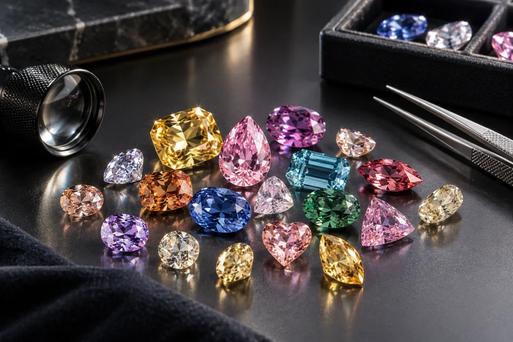 Colorful faceted gemstones arranged on a luxury gemological workbench.