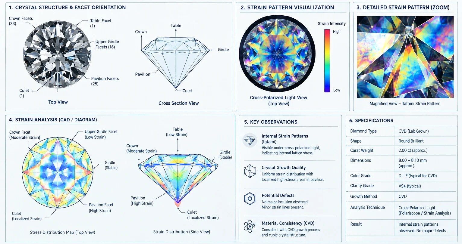 CVD Diamond birefringence strain pattern analysis diagram showing crystal structure, cross-polarized strain patterns, CAD stress maps, and gemological specifications.