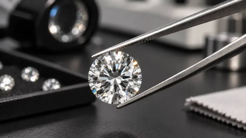 Diamond examined with gemological tweezers beside a jeweler’s loupe