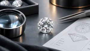 Diamond birefringence testing with a loose round diamond, gemological tools, and an optical grading diagram.