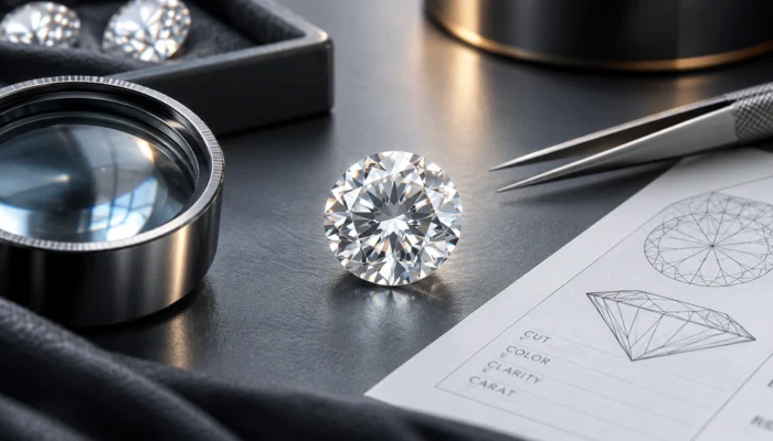 Diamond birefringence testing with a loose round diamond, gemological tools, and an optical grading diagram.
