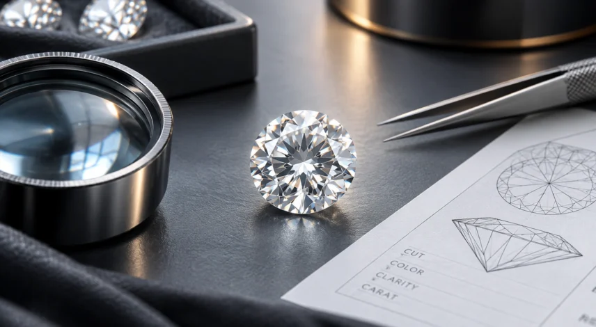 Diamond birefringence testing with a loose round diamond, gemological tools, and an optical grading diagram. Diamond birefringence testing with a loose round diamond, gemological tools, and an optical grading diagram.
