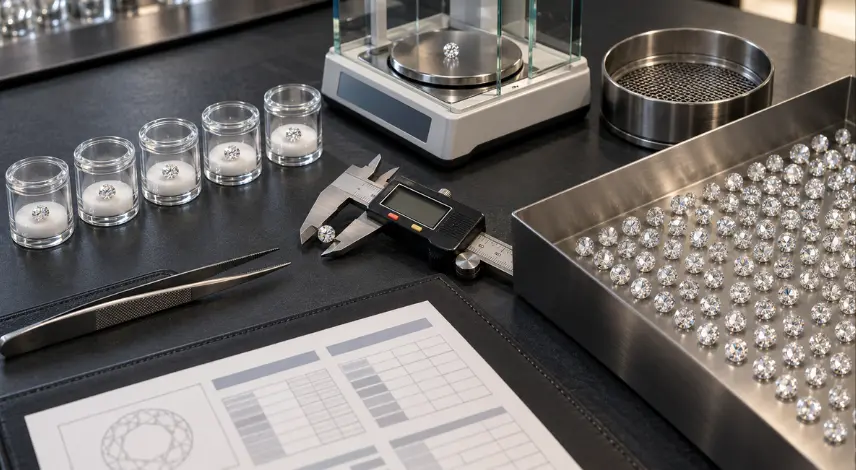 Approved reference diamonds compared with a production parcel for repeat-order consistency