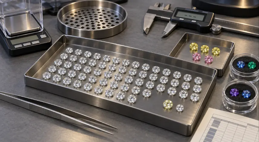 Batch inspection of lab-grown diamonds sorted in trays for grading consistency and volume-order quality control