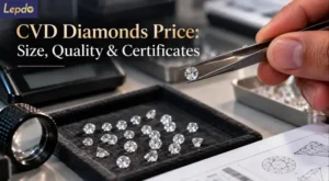 CVD diamonds price and quality inspection showing small lab-grown diamonds held securely in tweezers, with a precision weighing scale and wholesale sorting tray.