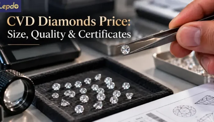 CVD diamonds price and quality inspection showing small lab-grown diamonds held securely in tweezers, with a precision weighing scale and wholesale sorting tray.