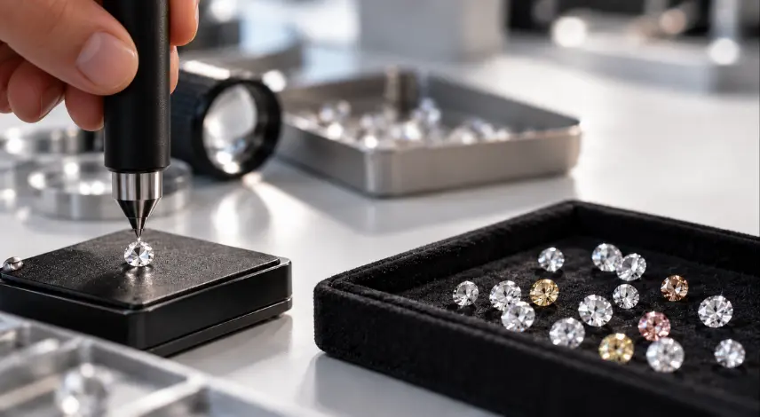 Close-up of a diamond testing pen inspecting a brilliant-cut diamond, with assorted loose diamonds in a gemological lab for lab grown diamond wholesale price and quality evaluation