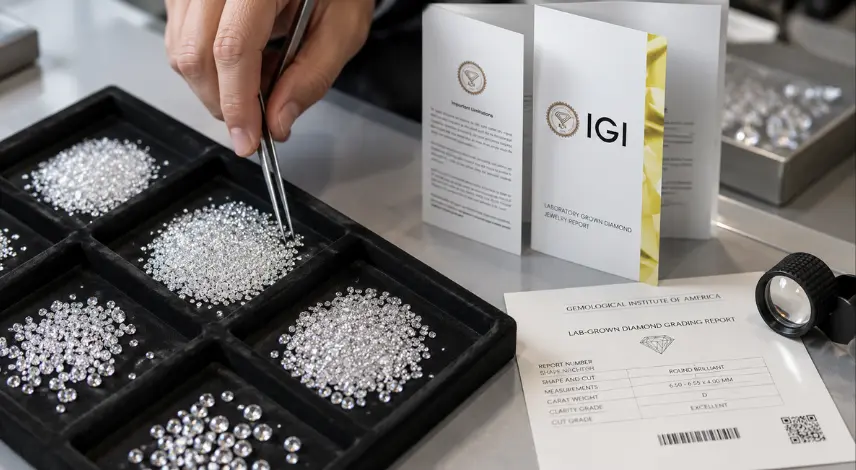 Close-up of loose CVD diamonds being inspected with precision tweezers on a black sorting tray, alongside diamond grading reports for wholesale quality verification