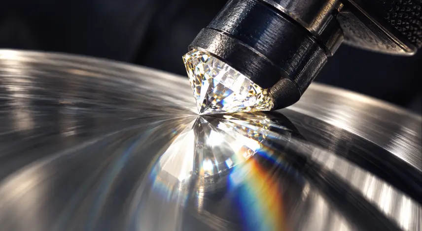 Close-up of precision lab-grown diamond polishing using a dop tool and rotating scaife wheel with brilliant diamond reflections
