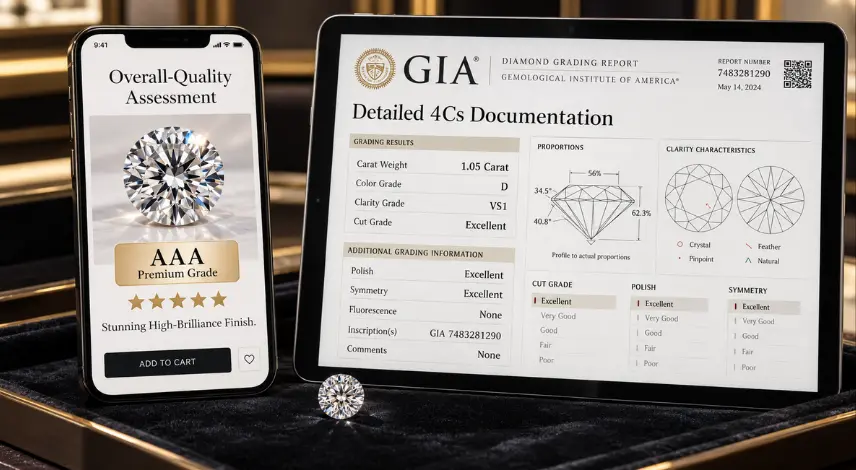 Comparison image showing an overall-quality assessment on a smartphone beside detailed 4Cs documentation on a tablet, highlighting the difference between basic retail diamond quality claims and pr