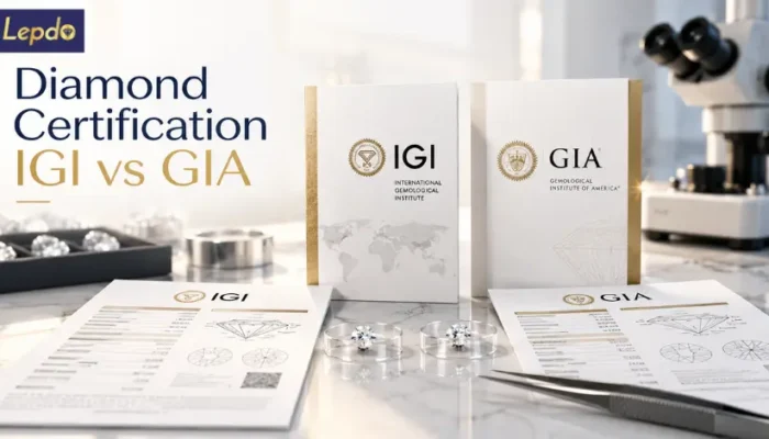Diamond certification IGI vs GIA comparison featuring official grading reports, small loose diamonds, and professional gemological inspection equipment