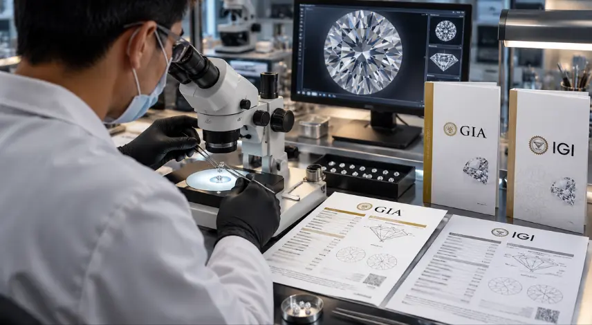 Diamond certification IGI vs GIA verification showing a professional gemologist inspecting a loose diamond under a microscope with grading reports and laboratory equipment